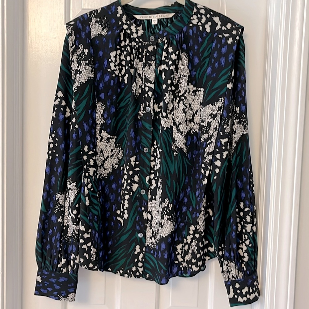 Veronica Beard Black, Green & Blue Print Button-Up Blouse Silk